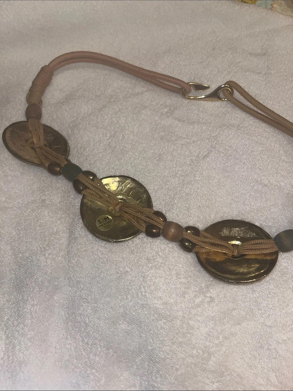 MIT Braided Tan Cord Waist Belt with Gold-Tone Coin Accents Wood Beads